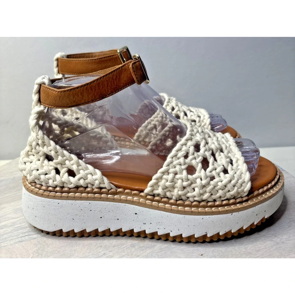 Chloé Crochet Platform Sandals Size 37 US 7 White Leather Ankle Strap Wedge - Picture 6 of 12